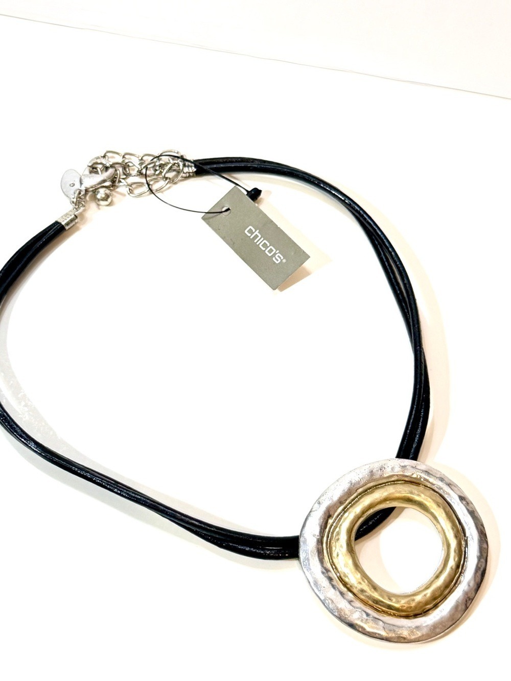 CHICO'S NWT Leather Cord Gold Silver Circle Pendant Necklace